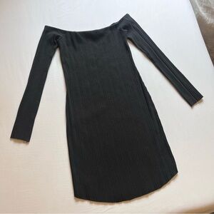 NUDE LUCY black rib knit off shoulder rounded hem long sleeve mini dress